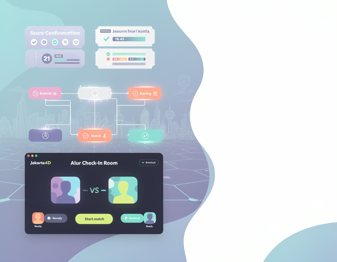 Ilustrasi alur check-in match untuk event game online jakarta4d dengan bracket, room match, dan bukti skor